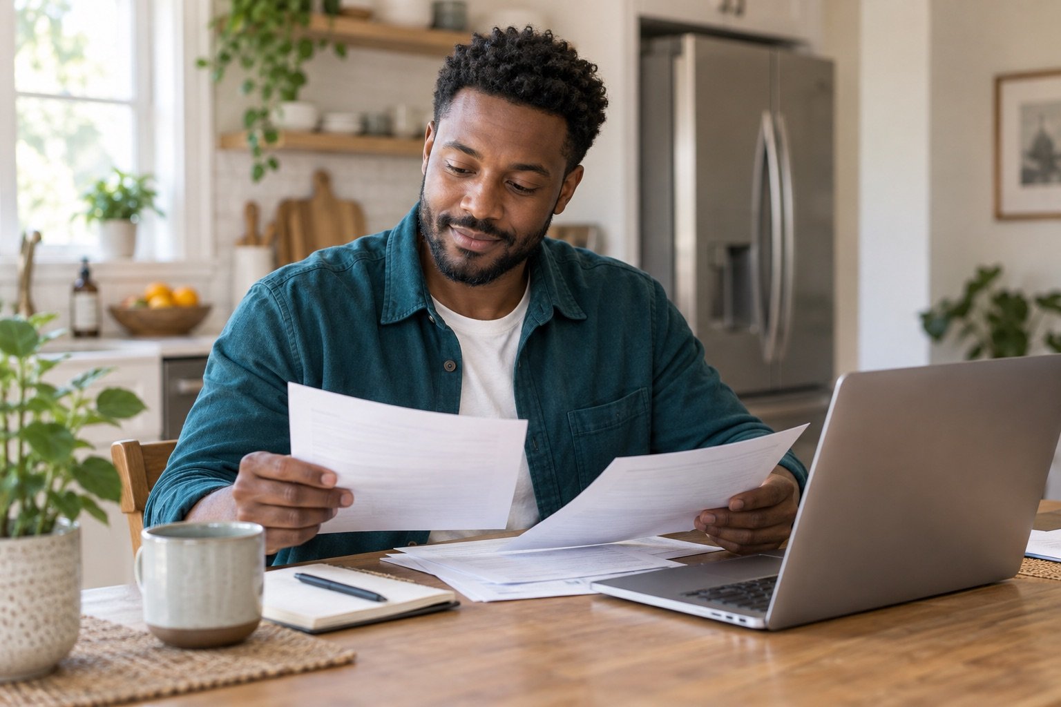 Illustrative lifestyle photo of a person gathering paperwork beside a laptop